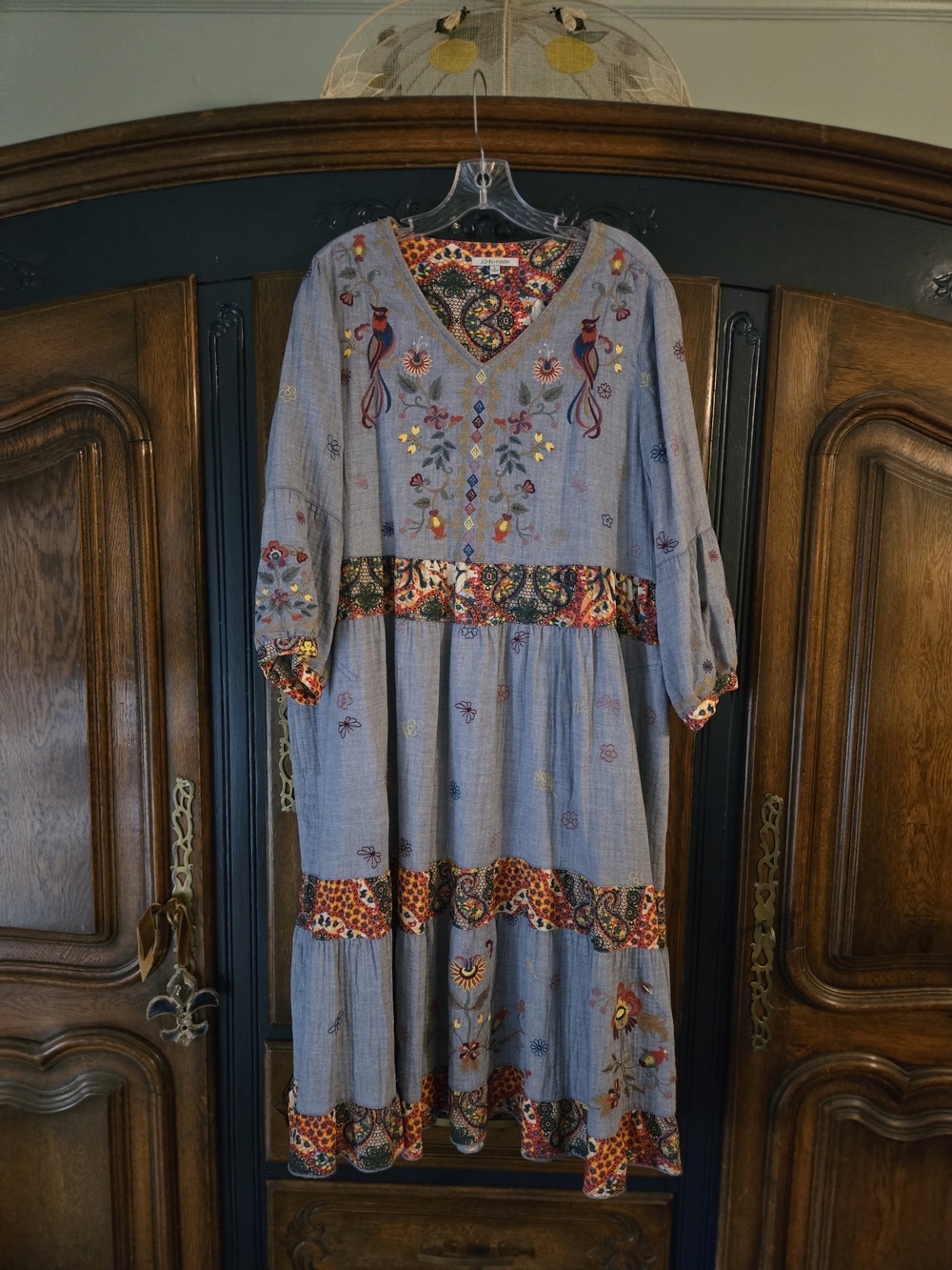 John Mark Light Chambray Blue Embroidered Tiered Midi Dress